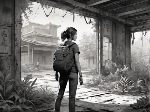 lost place,girl walking away,croft,ruins,pathway,vietnam,quiet,lost places,study,wander,abandoned place,hanoi,girl studying,game illustration,lostplace,abandoned,world digital painting,digital painting,walkway,angkor,Illustration,Paper based,Paper Based 30