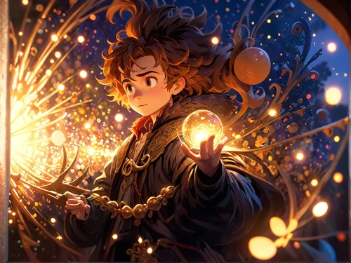 candlemaker,fire artist,cg artwork,merida,wizard,magician,magical,violet evergarden,summoner,clockmaker,mage,incandescent,fairy lanterns,torch-bearer,art bard,cauldron,magic book,magical adventure,spark,magus,Anime,Anime,Cartoon