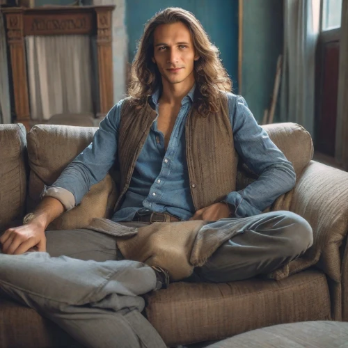 leonardo devinci,male model,british semi-longhair,on the couch,greek god,men's wear,trouser buttons,cross legged,in seated position,sweater vest,men's suit,bodhi,bower,vanity fair,sitting on a chair,meditating,couch,seated,sweatpant,yoga guy,Photography,Realistic