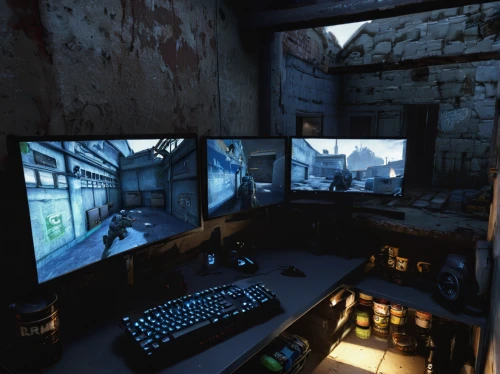 monitor wall,basement,screens,monitors,eastern state penitentiary,computer room,bunker,dungeon,vault,dual screen,mine shaft,blockhouse,fractal design,cellar,control desk,fort,attic,loft,pc game,monitor,Photography,Documentary Photography,Documentary Photography 12