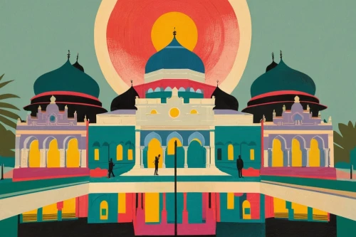 travel poster,mosques,temples,grand mosque,brunei,taj-mahal,taj mahal,casablanca,luna park,art deco,jaipur,big mosque,city mosque,pink city,the hassan ii mosque,ramadan background,yogyakarta,art deco background,minarets,zanzibar,Illustration,Vector,Vector 08