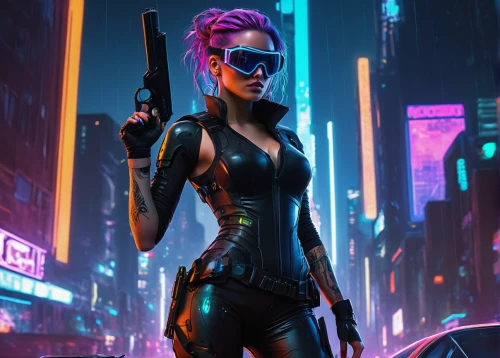 cyberpunk,renegade,sci fiction illustration,ultraviolet,terminator,widowmaker,cyber glasses,futuristic,streampunk,cyber,birds of prey-night,cg artwork,neon human resources,girl with gun,girl with a gun,cybernetics,nova,femme fatale,cobra,sci fi,Illustration,Realistic Fantasy,Realistic Fantasy 16