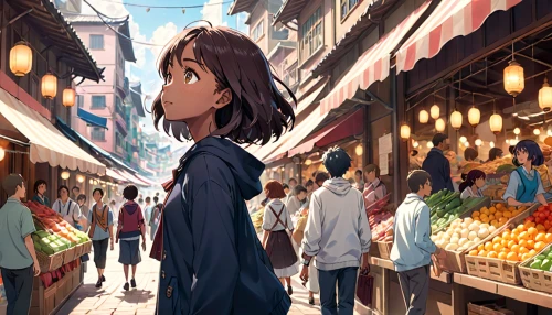 shopping street,the market,market,street scene,souk,narrow street,french digital background,marketplace,fruit market,paris shops,studio ghibli,spice market,girl with speech bubble,world digital painting,shopkeeper,souq,large market,city ​​portrait,girl with bread-and-butter,shopping venture,Anime,Anime,Traditional
