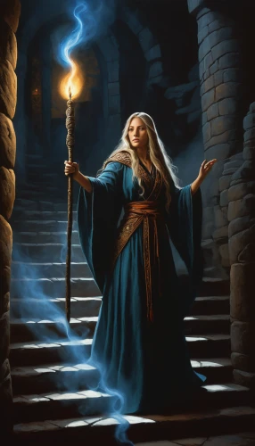 blue enchantress,light bearer,sorceress,flickering flame,candlemaker,mage,the prophet mary,priestess,the white torch,torch-bearer,prejmer,heroic fantasy,debt spell,the pillar of light,dodge warlock,the enchantress,torchlight,quarterstaff,the wizard,wizard,Art,Artistic Painting,Artistic Painting 02