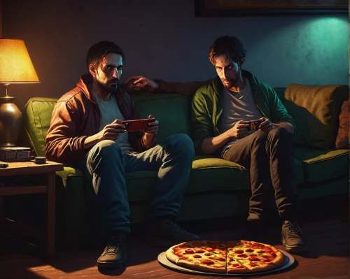 game illustration,online date,gamers,video gaming,gamers round,the pizza,game consoles,game addiction,internet addiction,gamer zone,game art,pizza,romantic night,social media addiction,digital compositing,gaming,pizza service,community connection,pizzeria,video games,Art,Classical Oil Painting,Classical Oil Painting 44