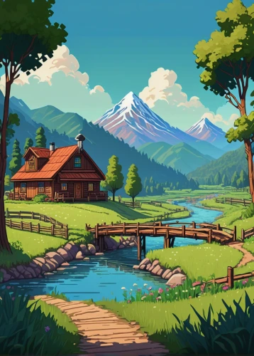 salt meadow landscape,landscape background,home landscape,mountain scene,mountain landscape,alpine village,mountain valley,mountain village,rural landscape,game illustration,log cabin,mountain spring,idyllic,the cabin in the mountains,mountain settlement,log home,house in mountains,countryside,mountain meadow,summer cottage,Illustration,Black and White,Black and White 02
