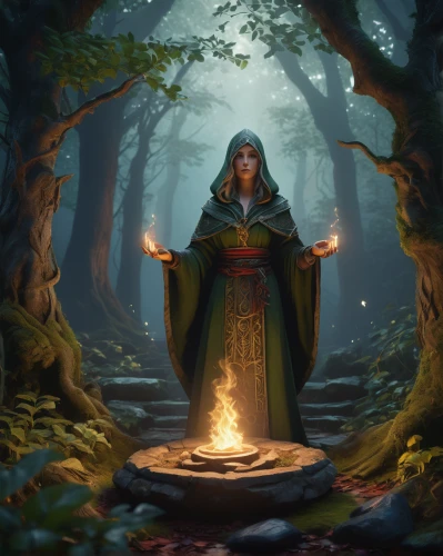 sorceress,druid,druid stone,druid grove,the enchantress,priestess,candlemaker,light bearer,summoner,druids,mage,elven forest,cloak,woman at the well,fantasy picture,mystical portrait of a girl,the witch,elven,divination,holy forest,Art,Classical Oil Painting,Classical Oil Painting 39