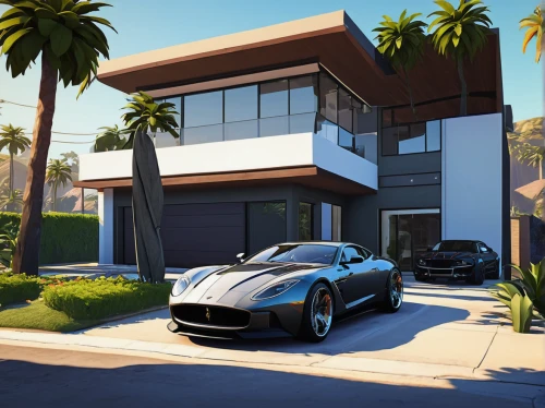 modern house,luxury home,luxury property,luxury real estate,dunes house,modern style,3d rendering,crib,modern architecture,mid century house,house purchase,beautiful home,garage,classic car and palm trees,mansion,florida home,underground garage,exotic cars ferrari,render,large home,Illustration,American Style,American Style 09