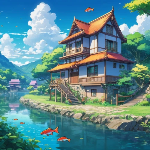 studio ghibli,house by the water,house with lake,houseboat,fisherman's house,summer cottage,house of the sea,idyllic,home landscape,little house,lonely house,seaside country,aqua studio,seaside resort,fishing float,cottage,house in mountains,beautiful home,bird kingdom,floating huts,Illustration,Japanese style,Japanese Style 03