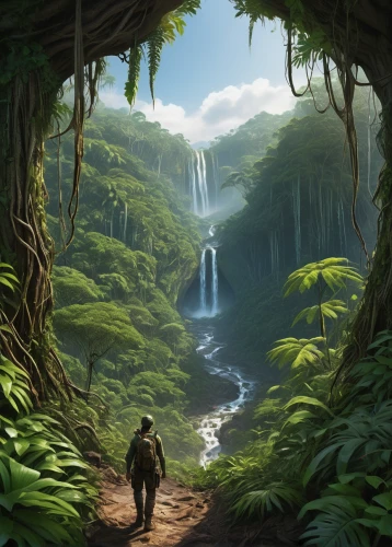 rainforest,rain forest,world digital painting,jungle,hiking path,green waterfall,green forest,fantasy landscape,druid grove,wander,forest background,forest path,ash falls,wilderness,forest landscape,landscape background,ravine,forests,fantasy picture,greenforest,Illustration,Realistic Fantasy,Realistic Fantasy 41