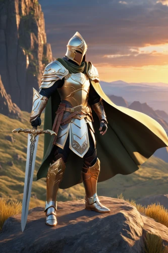 paladin,massively multiplayer online role-playing game,knight armor,cent,golden sun,crusader,heroic fantasy,knight,king sword,norse,lone warrior,centurion,digital compositing,templar,the wanderer,castleguard,conquistador,guards of the canyon,king arthur,golden light,Unique,3D,3D Character