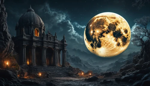 fantasy picture,lunar landscape,fantasy landscape,moonlit night,phase of the moon,moonscape,fantasy art,moonlit,the moon,full moon,halloween background,photomanipulation,haunted cathedral,big moon,blood moon,super moon,hanging moon,moon at night,moon phase,full moon day,Photography,General,Fantasy
