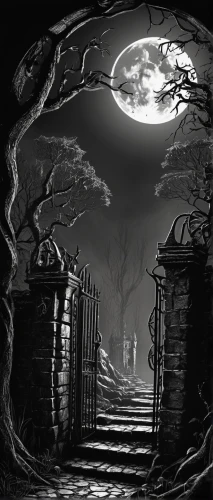 halloween background,creepy doorway,heaven gate,witch house,the threshold of the house,witch's house,haunted castle,dark art,the mystical path,hollow way,the haunted house,halloween scene,fantasy picture,play escape game live and win,ghost castle,cartoon video game background,halloween and horror,haunted house,halloween wallpaper,bram stoker,Illustration,Black and White,Black and White 11