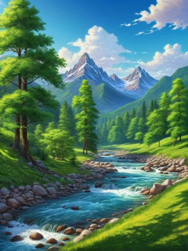 landscape background,mountain landscape,mountain scene,mountainous landscape,river landscape,cartoon video game background,forest background,nature landscape,background view nature,salt meadow landscape,forest landscape,mountain valley,beautiful landscape,fantasy landscape,natural landscape,mountains,mountain river,mountain range,high landscape,natural scenery,Illustration,Realistic Fantasy,Realistic Fantasy 32