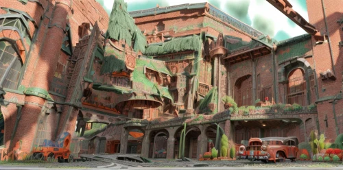 radiator springs racers,concept art,ruins,ruin,ancient city,shanghai disney,industrial ruin,bastion,ancient buildings,castle iron market,riad,slums,post-apocalyptic landscape,street canyon,alleyway,lost place,hanging houses,salvage yard,red square,tokyo disneysea