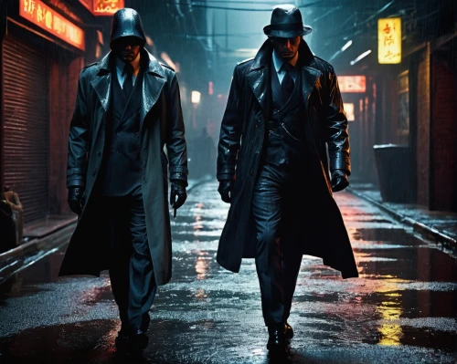 spy visual,mafia,overcoat,detective,black city,mobster couple,rorschach,film noir,blind alley,business men,underworld,trench coat,businessmen,assassins,sherlock,suits,sherlock holmes,capital cities,gentleman icons,black coat,Illustration,Retro,Retro 22