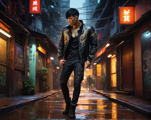 yukio,alleyway,wuhan''s virus,walking in the rain,cyberpunk,xing yi quan,alley,game illustration,world digital painting,pedestrian,tao,narrow street,man with umbrella,anime japanese clothing,kowloon,trench coat,cd cover,zui quan,heavy rain,walking man,Conceptual Art,Daily,Daily 12