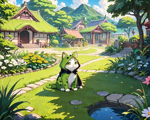 studio ghibli,lilly of the valley,spring background,springtime background,idyllic,garden-fox tail,outdoor dog,lily of the field,chinese pastoral cat,green garden,landscape background,sake gardens,background with stones,summer background,green summer,frog background,cat's cafe,lily of the valley,white cat,garden white,Anime,Anime,Traditional