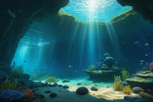 underwater oasis,underwater background,underwater playground,underwater landscape,undersea,under the sea,ocean floor,under sea,ocean underwater,reef tank,under the water,sea cave,underwater world,cube sea,aquarium,sunken church,fish tank,the bottom of the sea,coral reef,mermaid background,Illustration,Realistic Fantasy,Realistic Fantasy 28