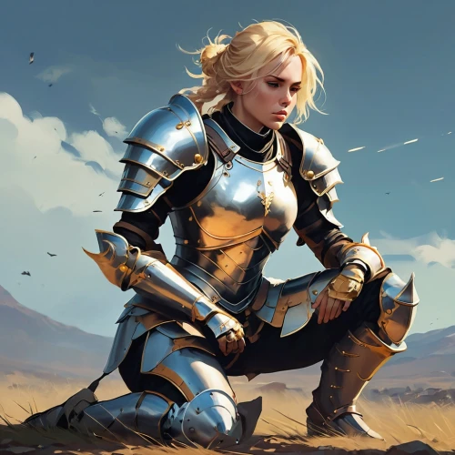 female warrior,paladin,joan of arc,warrior woman,heroic fantasy,swordswoman,knight armor,cullen skink,dwarf sundheim,strong woman,lone warrior,crusader,strong women,knight,fantasy warrior,heavy armour,armor,massively multiplayer online role-playing game,game art,armored