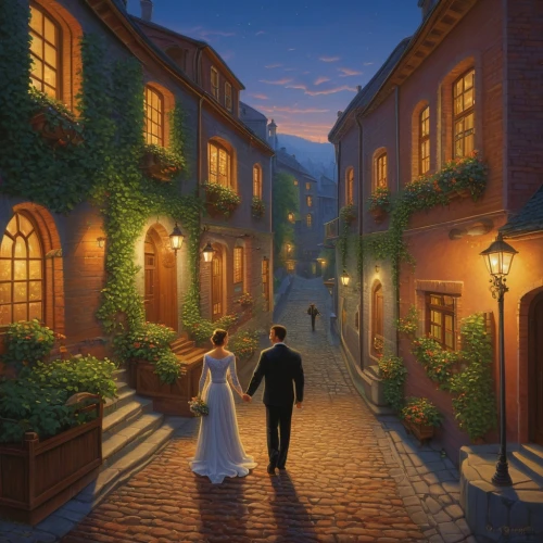 romantic scene,old linden alley,romantic night,romantic portrait,night scene,narrow street,the cobbled streets,wedding couple,young couple,cobblestones,evening atmosphere,in the evening,cobblestone,medieval street,romantic,world digital painting,street scene,alleyway,promenade,man and wife,Illustration,Realistic Fantasy,Realistic Fantasy 27