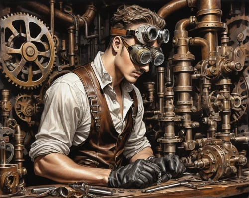 watchmaker,steampunk gears,steampunk,clockmaker,mechanic,craftsman,bicycle mechanic,machinery,steelworker,repairman,manufacture,boilermaker,technician,machine tool,manufactures,engineer,worker,welder,craftsmen,metalsmith,Illustration,Black and White,Black and White 30