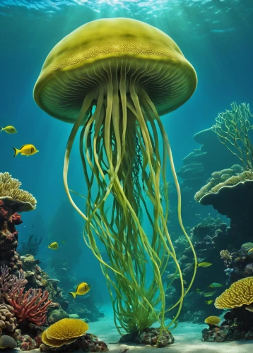 sea life underwater,sea animals,underwater landscape,jellyfish,cnidaria,underwater background,lion's mane jellyfish,marine invertebrates,yellow anemone,marine life,marine biology,coral reef,box jellyfish,sea anemone,aquarium decor,underwater world,marine diversity,coral reefs,ocean underwater,under sea,Illustration,Abstract Fantasy,Abstract Fantasy 10