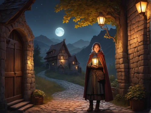 lamplighter,fantasy picture,red riding hood,little red riding hood,night scene,lantern,witch's house,sci fiction illustration,game illustration,world digital painting,candlemaker,medieval street,light of night,fairy tale character,illuminated lantern,fantasy art,fantasy portrait,moonlit night,apothecary,halloween illustration,Illustration,Realistic Fantasy,Realistic Fantasy 28