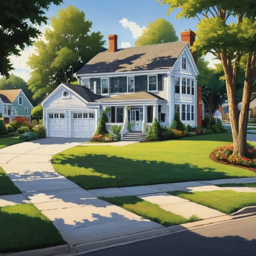 new england style house,house painting,home landscape,houses clipart,suburban,country estate,suburbs,house drawing,landscaping,paved square,bendemeer estates,summer cottage,residential property,country house,homes,large home,townhouses,neighborhood,beautiful home,green lawn,Illustration,American Style,American Style 02