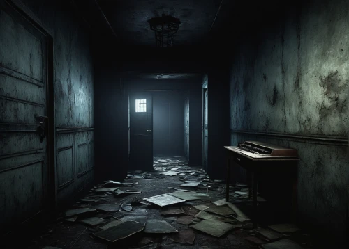 penumbra,abandoned room,asylum,a dark room,creepy doorway,the morgue,live escape game,examination room,hallway,dark cabinetry,the haunted house,rooms,dormitory,haunted house,one room,3d render,lostplace,derelict,empty interior,cold room,Illustration,Abstract Fantasy,Abstract Fantasy 14