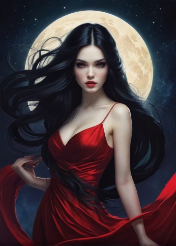 vampire woman,queen of the night,vampire lady,lady in red,blue moon rose,red riding hood,fantasy art,moon phase,blood moon,sorceress,lunar eclipse,moonflower,scarlet witch,fantasy picture,lady of the night,moonlit,mystical portrait of a girl,full moon day,moonlit night,fantasy woman,Illustration,Realistic Fantasy,Realistic Fantasy 15