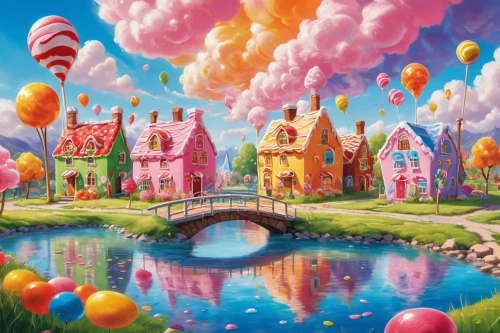 colorful balloons,pink balloons,hot-air-balloon-valley-sky,hot air balloons,fairy world,balloon trip,corner balloons,fantasy world,balloons,balloons flying,dream world,balloon,fantasy city,fantasy landscape,fairy village,children's background,rainbow color balloons,candy cauldron,heart balloons,star balloons,Conceptual Art,Oil color,Oil Color 10