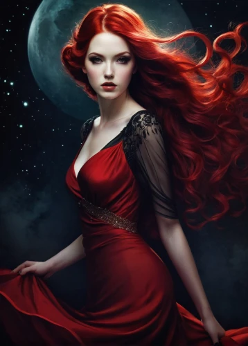 scarlet witch,red gown,lady in red,vampire woman,red-haired,vampire lady,red head,queen of the night,sorceress,fantasy art,lady of the night,shades of red,red riding hood,man in red dress,celtic woman,cassiopeia,gothic woman,fantasy picture,the enchantress,fantasy woman,Illustration,Realistic Fantasy,Realistic Fantasy 15