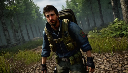 woodsman,combat medic,scout,mountain guide,rifleman,war correspondent,croft,first person,parka,pripyat,screenshot,paratrooper,farmer in the woods,action-adventure game,biologist,hunting decoy,chasseur,forest man,hunter,gi,Illustration,Realistic Fantasy,Realistic Fantasy 33