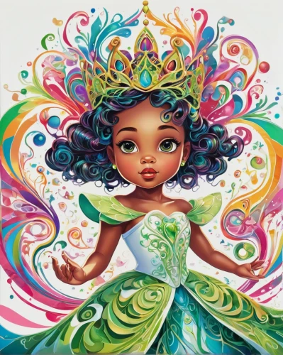 tiana,rosa 'the fairy,fairy queen,moana,princess crown,rosa ' the fairy,fantasia,hula,little girl fairy,princess,rapunzel,cinderella,child fairy,princess sofia,merida,a princess,flower fairy,fairy tale character,color pencils,tiara,Illustration,Realistic Fantasy,Realistic Fantasy 39