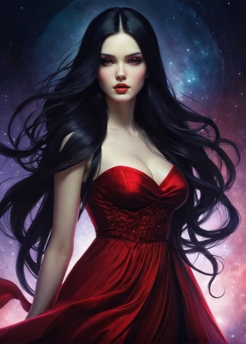 scarlet witch,red gown,lady in red,queen of the night,man in red dress,vampire woman,vampire lady,cassiopeia,fantasy art,queen of hearts,fantasy woman,the enchantress,girl in red dress,fantasy picture,fairy queen,lady of the night,sorceress,gothic woman,horoscope libra,zodiac sign libra,Illustration,Realistic Fantasy,Realistic Fantasy 15