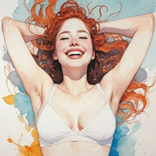 ecstatic,a girl's smile,watercolor pin up,girl on a white background,radiant,grin,grinning,joy,swimmer,more radiant,smiling,young woman,poison ivy,a smile,redheads,siren,red-haired,killer smile,laugh,girl portrait