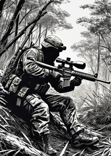 sniper,m4a1 carbine,infantry,usmc,rifleman,vietnam veteran,red army rifleman,us army,airsoft,marine expeditionary unit,war correspondent,patrol,m4a4,m4a1,m16,armed forces,marksman,special forces,combat medic,solider,Illustration,Black and White,Black and White 34