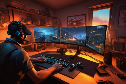 computer room,game illustration,man with a computer,world digital painting,computer game,gamer zone,gaming,lan,monitors,first person,game art,computer workstation,gamer,computer desk,the computer screen,computer addiction,computer monitor,computer graphics,gamers round,night administrator,Art,Artistic Painting,Artistic Painting 33