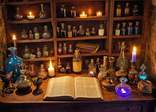 potions,apothecary,candlemaker,witch's house,spirits,alchemy,divination,potion,conjure up,magic grimoire,magic book,prayer book,tealights,holy place,unique bar,advent candles,candles,celebration of witches,kerosene,burning candles,Illustration,Retro,Retro 18