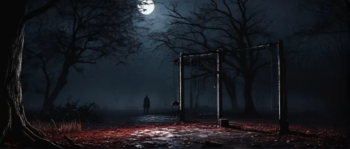 gallows,dark park,haunted forest,hanged man,dark art,slender,empty swing,play escape game live and win,hanging moon,forest dark,halloween poster,creepy doorway,haunt,halloween background,hanging lantern,black forest,scythe,hanged,swing set,tree with swing,Conceptual Art,Fantasy,Fantasy 30