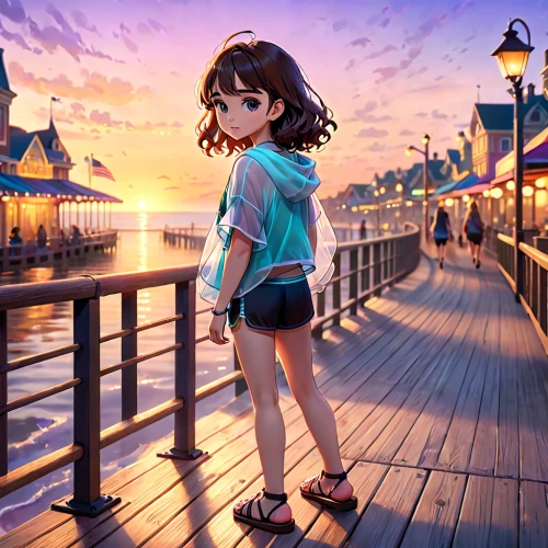 boardwalk,on the pier,pier,board walk,wooden pier,seaside,docks,waterfront,dock,beach walk,summer evening,wharf,the pier,by the sea,shanghai disney,miku maekawa,beach background,fishing pier,seaside resort,seaside daisy,Anime,Anime,Cartoon