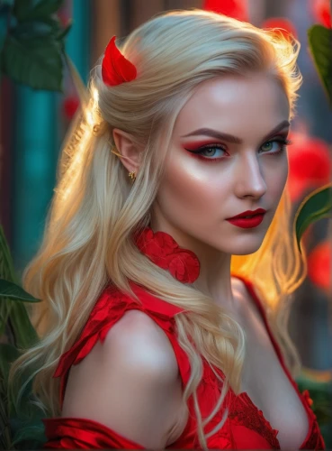 fantasy portrait,male elf,elves,lady in red,fantasy art,red dahlia,fantasy picture,red magnolia,fantasy woman,elf,faery,fairy tale character,elven flower,fae,red gift,red rose,red,red petals,faerie,red bow,Photography,General,Fantasy