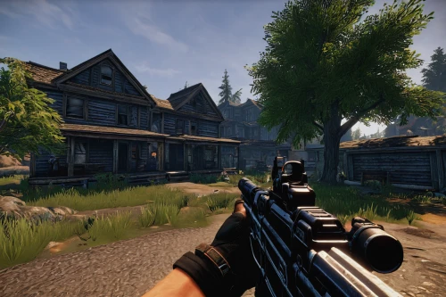 farmstead,redwood,screenshot,deadwood,wooden beams,blackhouse,graphics,croft,wooden fence,shooter game,color is changable in ps,wooden planks,devilwood,steam release,water mill,rustic,pc game,bogart village,outskirts,metal rust,Illustration,Black and White,Black and White 18
