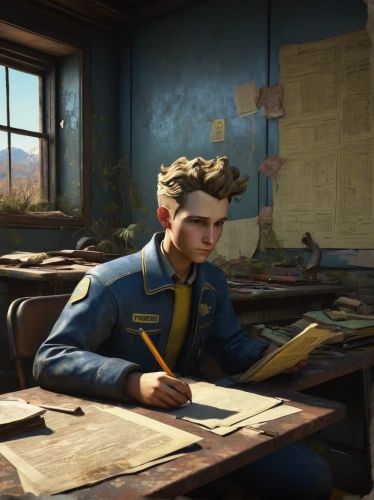 fallout4,fallout,tutoring,paperwork,detention,tutor,fresh fallout,scholar,watchmaker,classroom,study room,male poses for drawing,game illustration,the local administration of mastery,pompadour,pilot,school boy,examining,librarian,mailman,Illustration,Retro,Retro 07