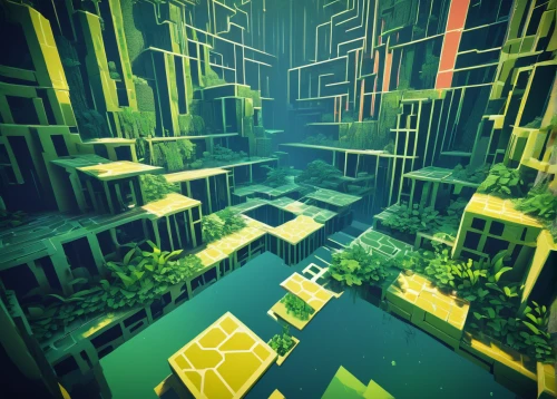 fractal environment,ravine,virtual landscape,undergrowth,green forest,cubes,forests,bamboo forest,tileable,cubic,the forests,forest floor,panoramical,isometric,swampy landscape,forest glade,generated,maze,vines,biome,Art,Artistic Painting,Artistic Painting 33