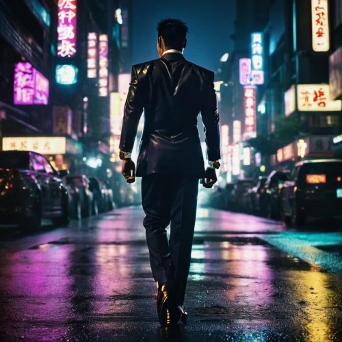 walking man,cyberpunk,hong kong,pedestrian,shanghai,tokyo,kowloon,hk,a pedestrian,shinjuku,hong,the suit,taipei,tokyo city,suit actor,a black man on a suit,standing man,chongqing,cinematic,men's suit,Illustration,Realistic Fantasy,Realistic Fantasy 02
