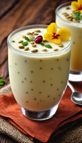 mango pudding,sheer khurma,passion fruit daiquiri,white chocolate mousse,zabaione,passion fruit juice,sweetened condensed milk,vanilla pudding,coconut custard,corn chowder,kheer,rice pudding,plain fat-free yogurt,almond jelly,piña colada,avgolemono,coconut milk,panna cotta,pannacotta,condensed milk,Photography,General,Realistic