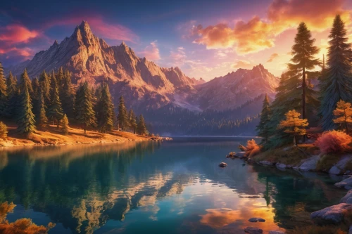 fantasy landscape,landscape background,autumn mountains,autumn background,autumn landscape,fantasy picture,beautiful landscape,mountain landscape,fall landscape,nature landscape,full hd wallpaper,heaven lake,mountainous landscape,world digital painting,salt meadow landscape,beautiful lake,mountain scene,mountain sunrise,background view nature,alpine lake,Illustration,Realistic Fantasy,Realistic Fantasy 02