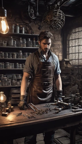 blacksmith,tinsmith,gunsmith,watchmaker,metalsmith,craftsman,clockmaker,candlemaker,steelworker,silversmith,workbench,apothecary,craftsmen,mechanic,moulder,metalworking,metallurgy,wrenches,bicycle mechanic,woodworker,Conceptual Art,Fantasy,Fantasy 33